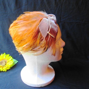 Feather Fascinator Bandeau Hat Vintage Orange Black w Velvet Bow Real Feathers Brightly Colored Feather Hat Dave Oestreicher