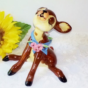 Porcelain Deer Fawn Bambi Figure NAPCO Baby Deer Figurine Vintage Ceramic Flowered Bow Christmas Deer Holiday Home Decor Animal