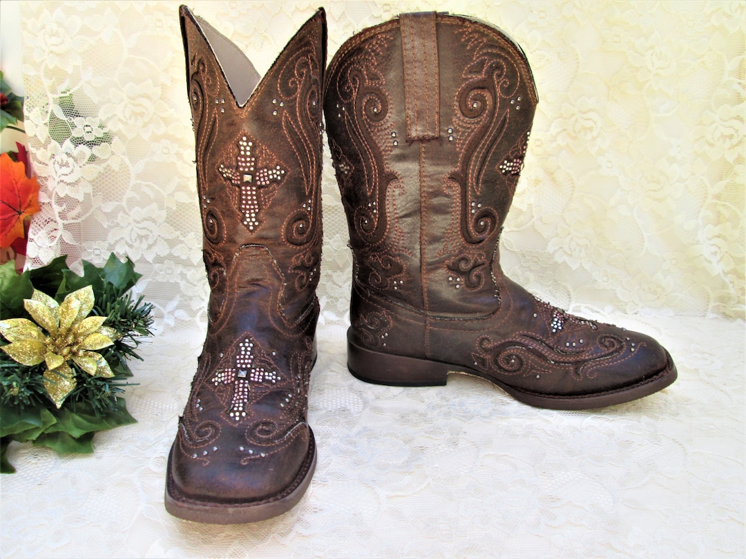 Brown Studded Kid's Cowboy Boots With Rhinestone Crosses Size US 2, UK ...