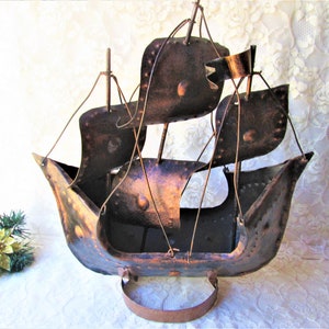Large Scorched Metal Viking Sailing Ship Sculpture 15" tall Copper Sailboat Statue Nautical Boat Ship Figure Brutalist Art