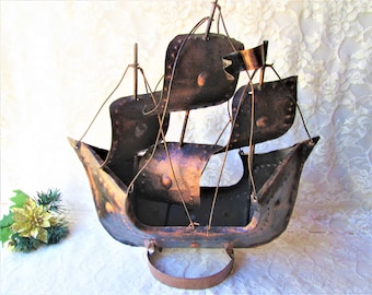 Large Metal Viking Sailing Ship Sculpture 15" tall Copper Sailboat Statue Nautical Boat Ship Figure Brutalist Art