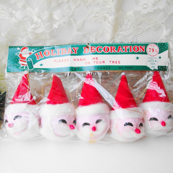 Antique Santa Head Ornament NIP Pink Glittered Paper Mache Spun Cotton Felt NOS Japan Santa Yuletide Tree Ornaments Set 5