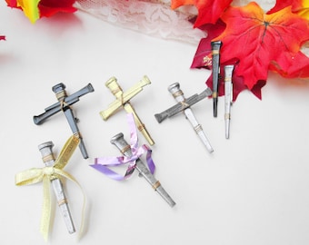 Coffin Nail Cross Pin Brooch Single Coffin Nail w Ribbon Pin Handmade Black Silver Gray Gothic Cross