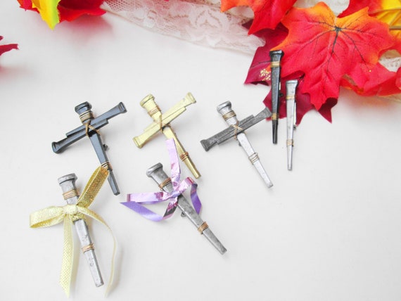 Coffin Nail Cross Pin Brooch Single Coffin Nail W Ribbon Pin 
