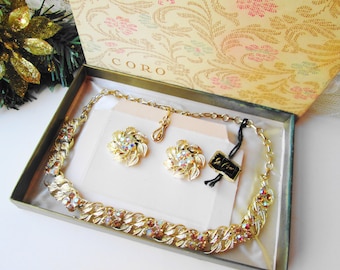 Gold Leaf & AB Topaz Rhinestones Necklace Earring Set Coro Pegasus Unused Vintage NIB Aurora Borealis Designer Fall Color