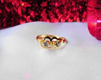 Gold Hearts Crystal Stones Vintage Double Hearts Statement Love Valentine Promise Ring Gold Plated