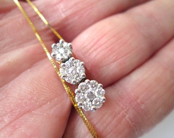 14k Yellow Gold 3 Tier Diamond Clover Cluster Pendant Necklace w 18" 14K solid Gold Chain Past Present & Future 21 Genuine Diamonds Gift Her