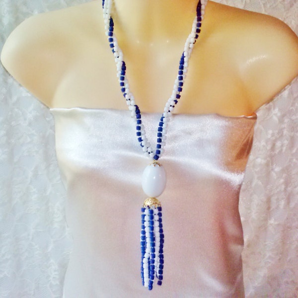 Blue & White Tassel Necklace Multi Strand Beads Vintage Barrel Beads Lg Egg Pendant Tassel Gold Filigree Caps Long Flapper Style