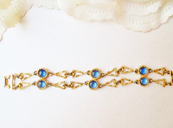 Gold & Blue Glass Bracelet Vintage New Triangle G… - image 3