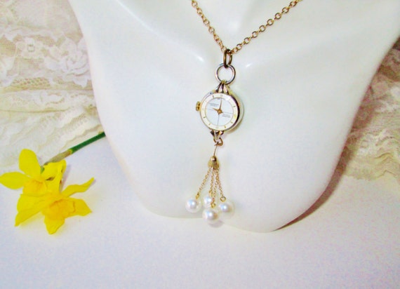 Waldman Electra Watch Porcelain Pendant Necklace Chain Pearl 