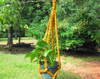 Large Macrame Plant Hanger Vintage Pot Hanger Macrame Yarn 40" Long Thick Fluffy Gold Copper Bronze Yellow Home Kitchen Sun Room Decor