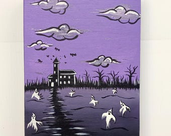 Primitive Folk Art Halloween Painting: Haunted House, Landscape, Ghosts, Bats
