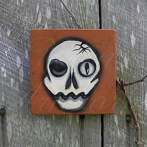Halloween Skull Primitive Folk Art Original Painting Square Skeleton Eco Decoration