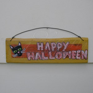 Black Cat Sign Primitive Folk Art Happy Halloween Original Painting Decoration Farmhouse image 1