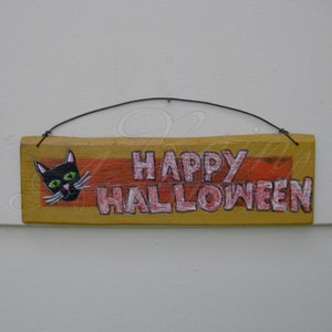 Black Cat Sign Primitive Folk Art Happy Halloween Original Painting Decoration Farmhouse