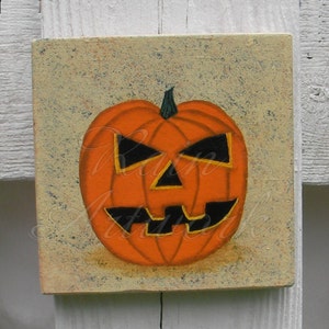 Halloween Jack o Lantern Pumpkin Primitive Folk Art Original Painting Earth Tone Decor Wood Square