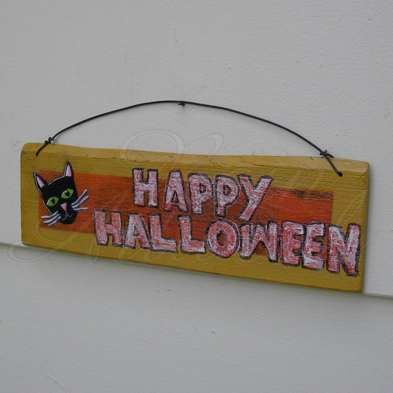 Black Cat Sign Primitive Folk Art Happy Halloween Original Painting Decoration Farmhouse image 4