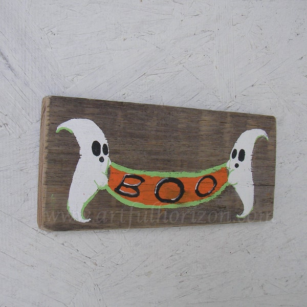 Primitieve volkskunst Halloween Ghost Boo teken origineel schilderij rustieke teruggewonnen hout OOAK schattig Spooky decoratie Boo teken Ghost teken
