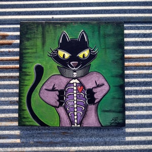 Funky Folk Art Halloween Black Cat Original Painting Unique Skeleton Cat With Spider Web Heart Halloween Oddity Art On Reclaimed Wood