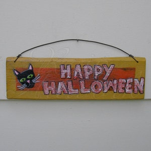 Black Cat Sign Primitive Folk Art Happy Halloween Original Painting Decoration Farmhouse image 5