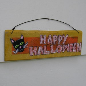 Black Cat Sign Primitive Folk Art Happy Halloween Original Painting Decoration Farmhouse image 3