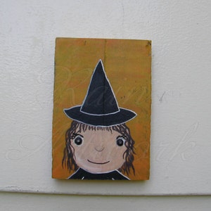 Primitive Folk Art Halloween Witch Wood Bead Eyes Original Painting Spooky Eco Decoration