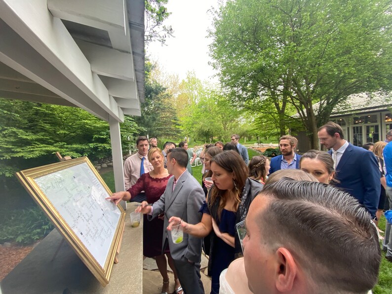 May include: A group of people gathered around a large, framed, white board with gold trim. The board is covered in writing and appears to be a seating chart for a wedding. The people are looking at the board and talking to each other.