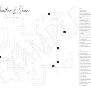 May include: A black and white crossword puzzle with the title "Heather & Sean Sip + Solve". The puzzle is filled with numbered squares and clues.