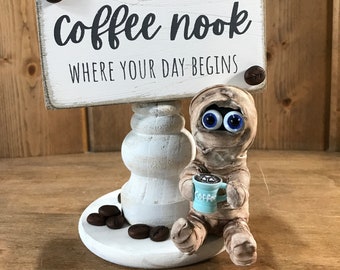 Blue Eye Mummy Drinking Morning Coffee, Welcome to Coffee Nook Decor, Java, Cute Wrapped Mummy Clay Character, Coffee Bar Decor