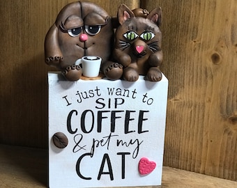 I Just Want to Sip Coffee and Pet My Cat Coffee Bean Pals, Love Coffee and Kitty Cats, Clay Characters, Coffee Nook Decor, Java Home Decor