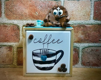 Coffee Time! Clay Coffee Bean with Clock Face Shows It’s Always Coffee Time - Coffee Humor, Coffee Bar, Coffee Nook Decor, Funny Collectible