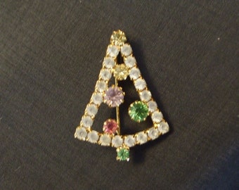 Vintage Christmas Tree Pin , Unsigned Pastel Modernist Style Goldtone Brooch