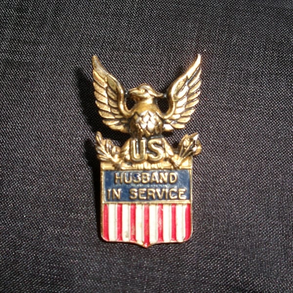 Vintage Coro USA Pin, Husband in Military Pin, Sterling Red White and Blue, Small Patriotic Eagle with Arrows, US Service Blue Star Family