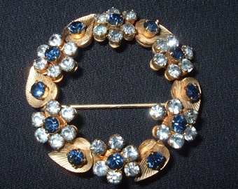 Vintage Blue Floral Goldtone Rhinestone Circle Pin , Unsigned Brooch with Blue Flowers , Something Blue for a Bride