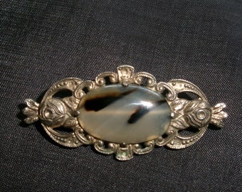 Vintage Uncas Silver Brooch with Agate, Sterling and Stone Small Ornate Frame Pin