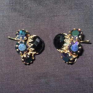 Vintage Wingback Earrings, Glass Gem Cluster 1960s Jewelry