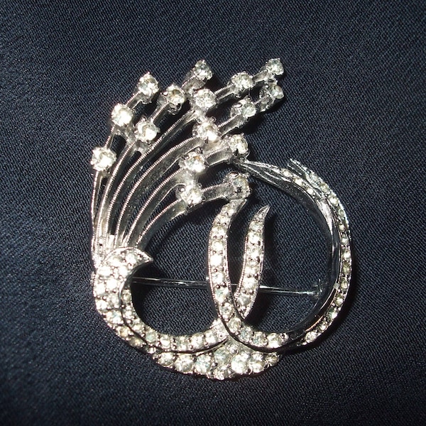 Vintage Silvertone Polcini Pin, Signed Rhinestone  Brooch , Old Costume Jewelry Abstract  Pin