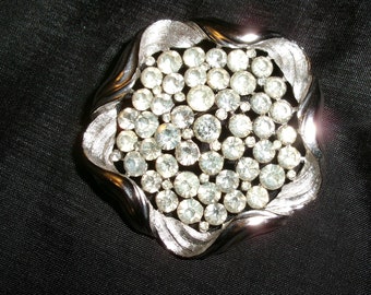 Vintage Crown Trifari Silver Tone Abstract Star Brooch, Silvertone Rhodium Rhinestone Pin