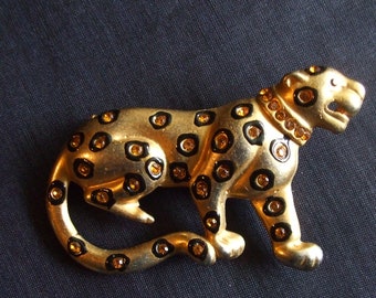 Vintage Big Leopard Brooch, Rhinestone Growling Leopard Pin