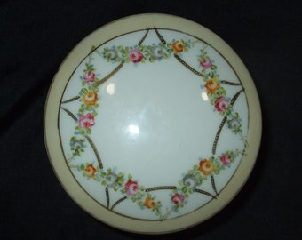 Antique Noritake Nippon Covered Box, Vintage Round Painted Box with Lid, Old Small Trinket Dish with Multicolored Roses