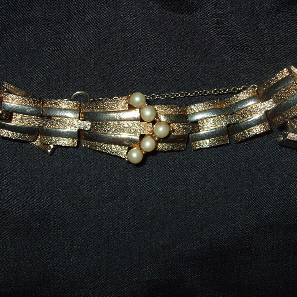 Vintage Coro Pegasus Bracelet, Two Tone with Faux Pearls