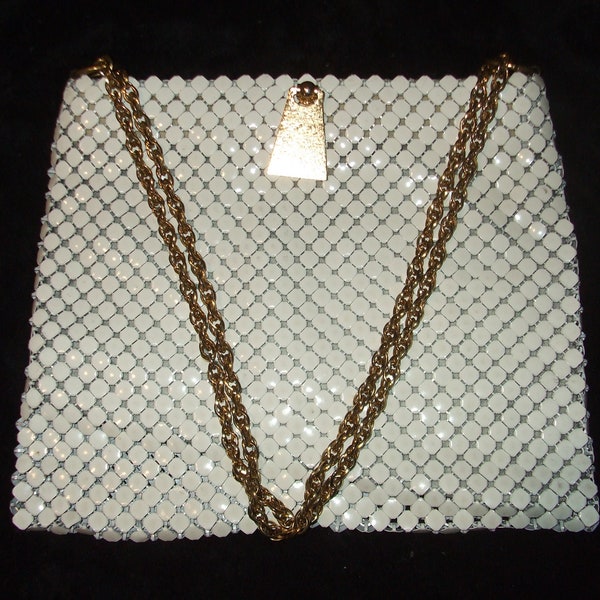 Vintage Whiting and Davis Mesh Evening Bag in White, Made in USA, Alumesh with Gold Chain Purse