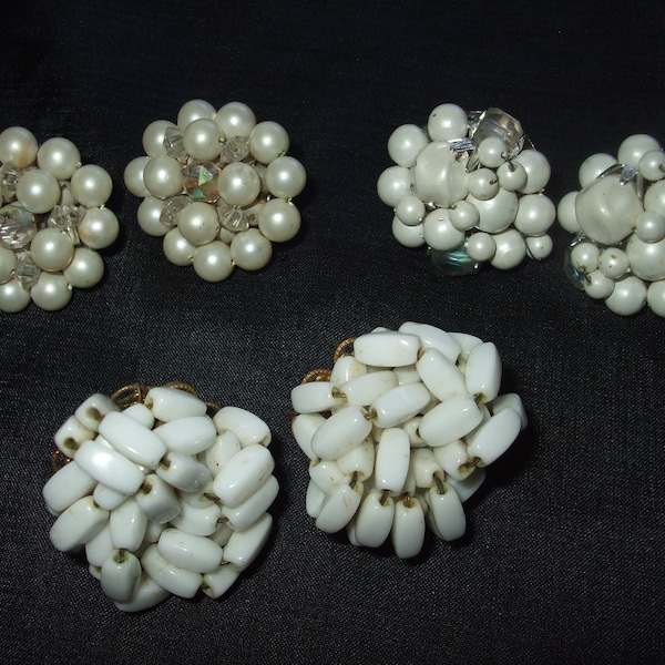 Vintage Lot of White Beaded Fifties or Sixties Clip Earrings, Set of 3 Pair of Cluster Clip Ons, Old Costume Jewelry