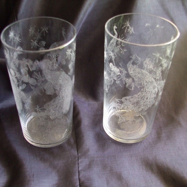 Vintage Heisey Glass Peacock Tumblers, Set of 2 Rare HTF Pattern Glass, Antique Heisey Glasses