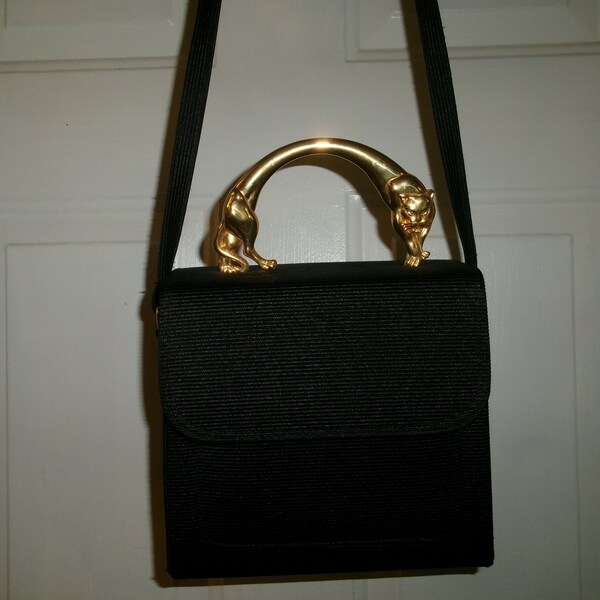 Vintage 90s Golden Panther Handle Handbag, Black Fabric Shoulder Bag