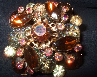 Vintage Aurora Borealis , Lava Rock and Big Rhinestone Brooch , Unusual Unsigned Quality Brooch , Large Rhinestone Costume Jewelry Pin