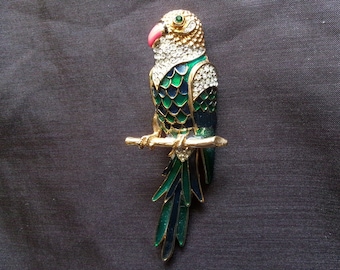 Vintage Rhinestone Parrot Brooch, Unsigned Large Bird Pin with Sparkly Rhinestones, Quality Costume Jewelry