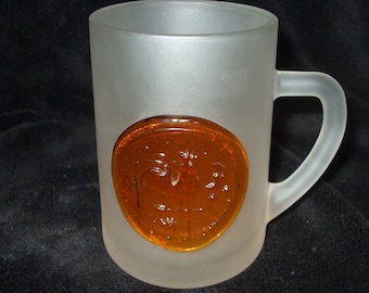 Vintage Frosted Glass WeatherVane  Mug , Unsigned Mystery Mug with Applied Glass Rooster Prunt, Circa 1970s Beer Stein