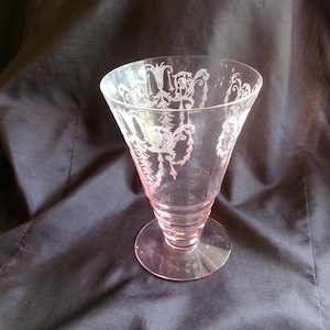 Vintage Cambridge Glass Cleo Pink Footed Tumbler, HTF Art Deco Etched Water Glass