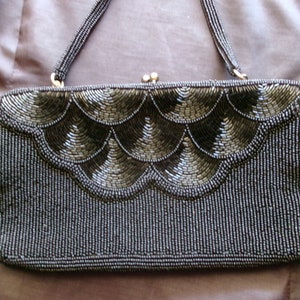 Vintage Black Beaded Bag, Small Evening Purse Made in Japan, Black Formal Evening Purse, Wedding or Prom Bag